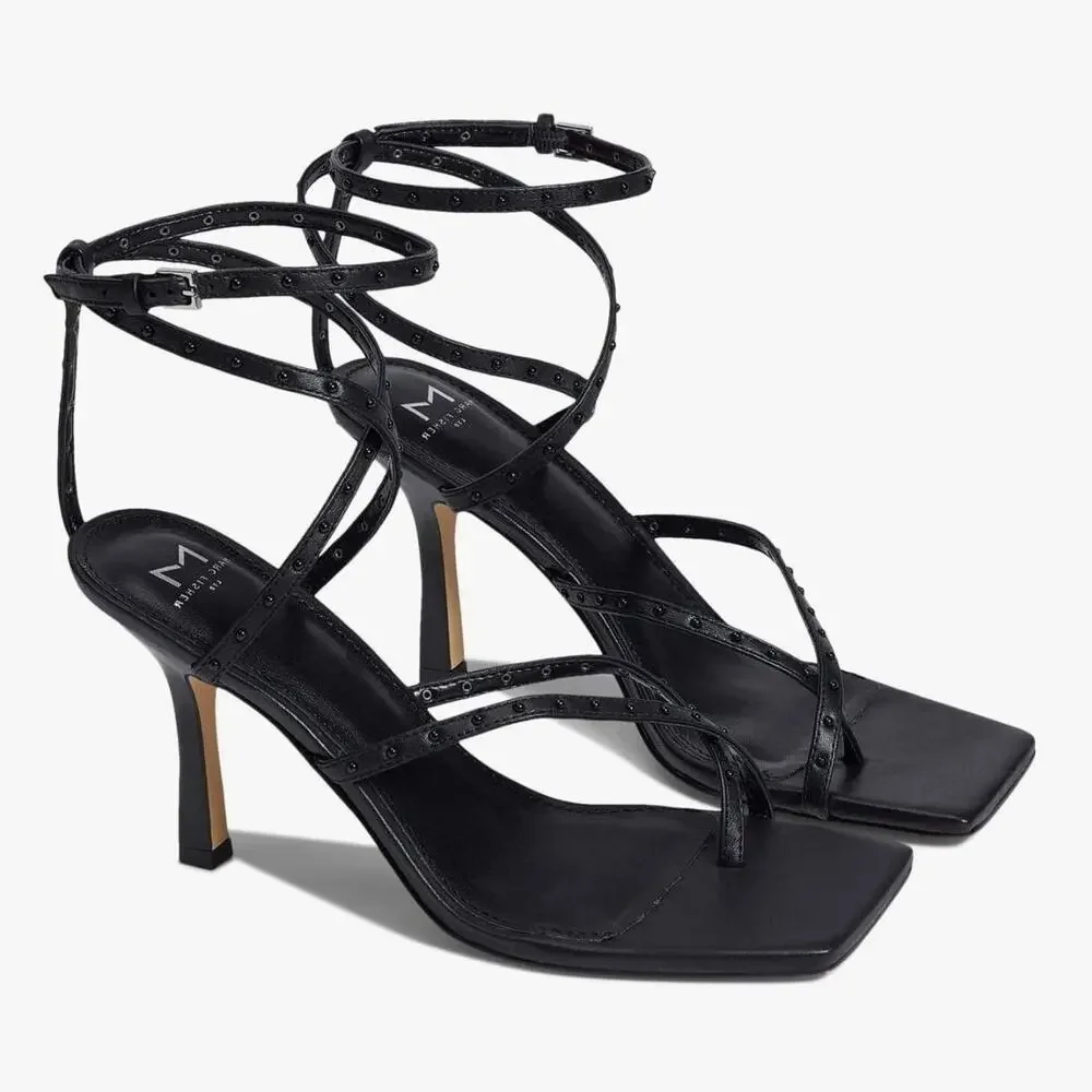 Marc Fisher LTD Dallin Sandals Heeled Womens 9 Black Strappy Studded Sq Toe